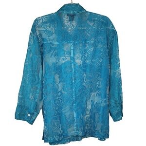 West‎ End Sheer Teal Floral Button Down Blouse Lightweight Layering Women's XL